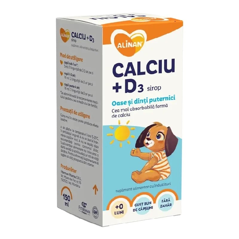 Calciu + Vitamina D3 Sirop fără zahăr Alinan, 150 ml