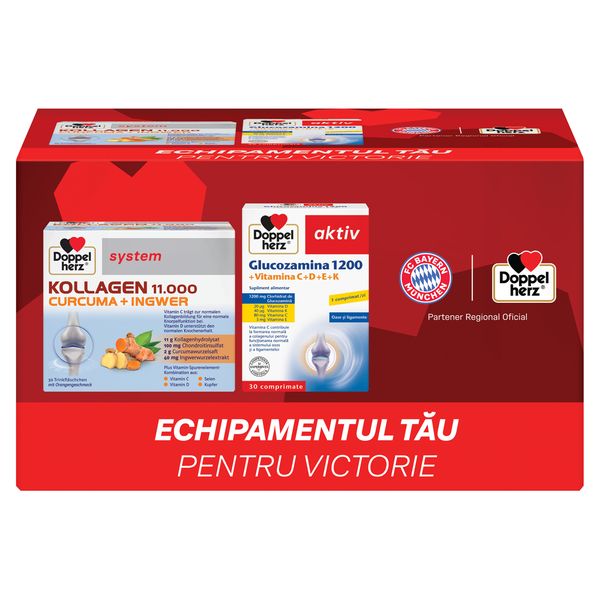 Doppelherz System kollagen 11.000 curcuma + ghimbir + Doppelherz Aktiv glucozamina 1200MG, Queisser Pharma | 30 flacoane + 30 comprimate